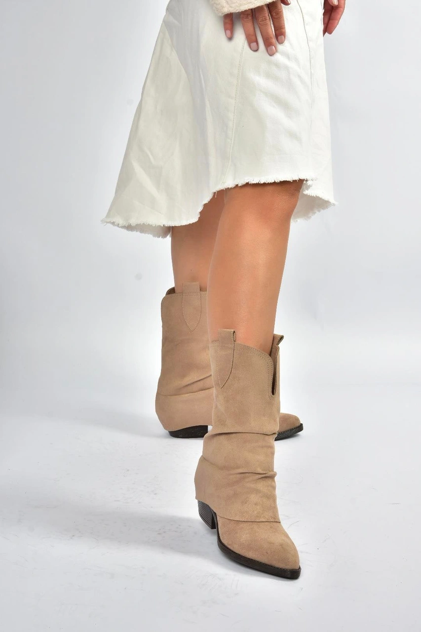 V404041002 Vizon Süet Kalın Topuklu Kadın Bot Vizon-Süet