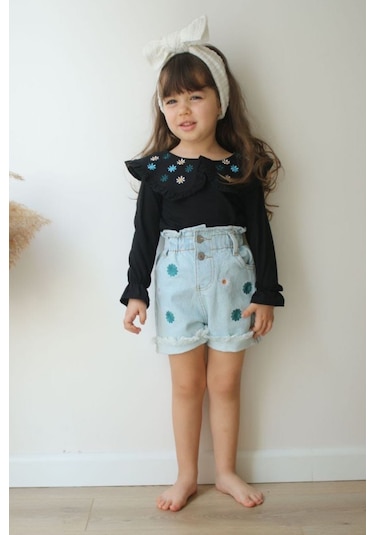 Kız Çocuk Papatya Nakış Kot Şort Bady Tarz Takım 001