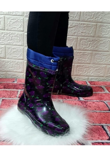 Çağrı Mor Çiçekli Siyah İçi Yünlü Kar Yağmur Çizmesi 001