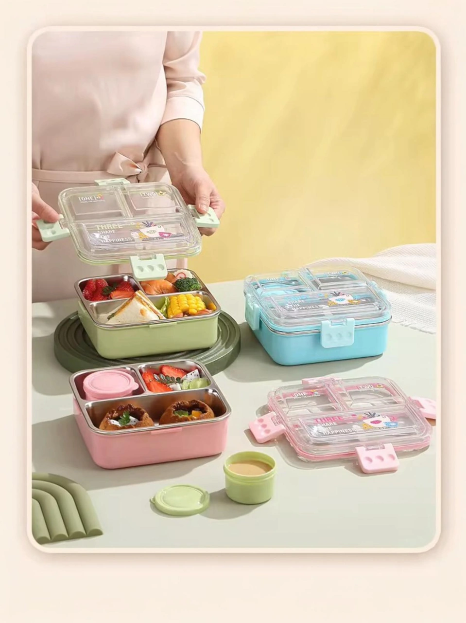 3 Bölmeli Paslanmaz Çelik Mavi Renk Sos Kaplı Beslenme Kabı Yemek Kabı Mavi