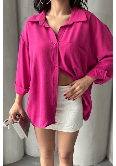 Paw Garage Kadın Perla Fuşya Tek Cepli Oversize Gömlek, Geniş Kalıp Gömlek, Ayrobin Gömlek Nar Çiçeği