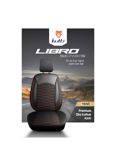 Siyah - Kırmızı Butti Libro Serisi Keten Kumaş Premium Oto Koltuk Kılıfı Destekli, Ön Arka Tam Set