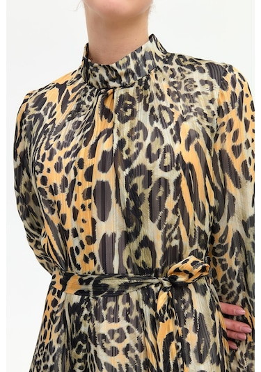 Leopar Desenli Empirime Elbise Kahve Kahve