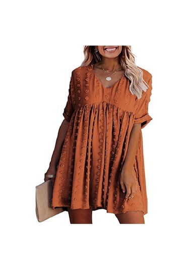 2024 Kadın Yaz Yeni Şifon Bol Kesim Büyük V Yaka Elbise Trendi Turuncu