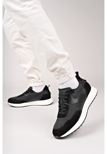 Muggo Svenson Kalın Taban Bağcıklı Hakiki Deri Erkek Günlük Sneaker Spor Ayakkabı Siyah