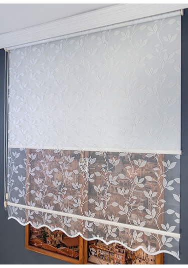 Çift Mekanizmalı Yaprak Desenli Tül Stor Perde Beyaz