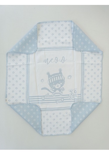 Triko Mavi Erkek Bebek Battaniyesi %100 Pamuklu Kedili Çok Amaçlı Bebek Arabası Örtüsü Oyun Matı Mavi