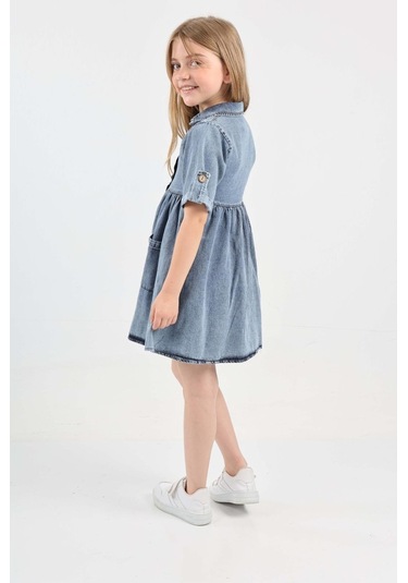 Kız Çocuk Çift Cepli/düğme Kapamalı Jean Elbise 12199 Mavi