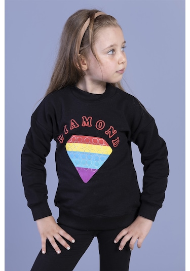 Toontoy Kız Çocuk Popıt Baskılı İçi Pamuklu Sweatshirt Siyah