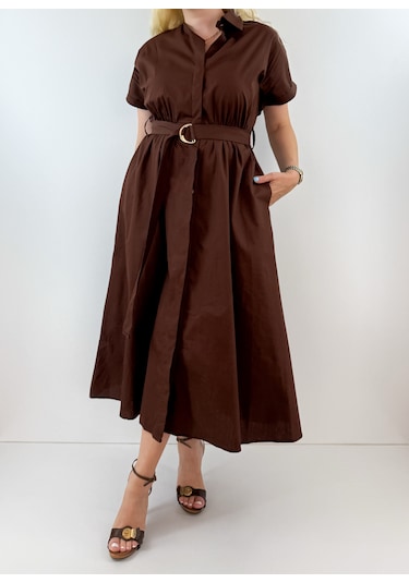 Modaonna Koyu Kahve Kemerli Gömlek Elbise
