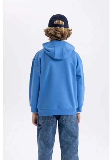 DeFacto Erkek Çocuk Baskılı Kanguru Cepli Kapüşonlu Sweatshirt B7821A8NSBE124 Mavi