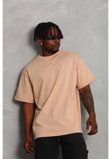 Unisex Oversize Düz Bisiklet Yaka T-shirt - Bej Bej