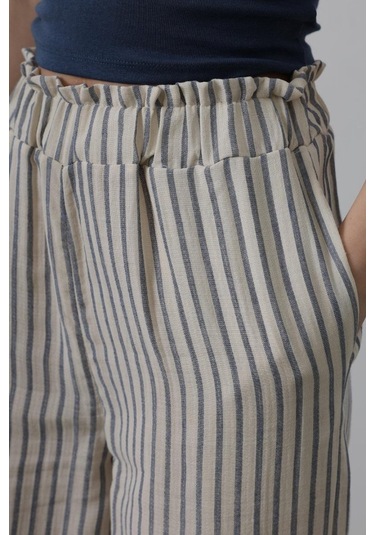 Çizgili Pamuklu Lastikli Pantolon - Bej-lacivert Bej - Lacivert