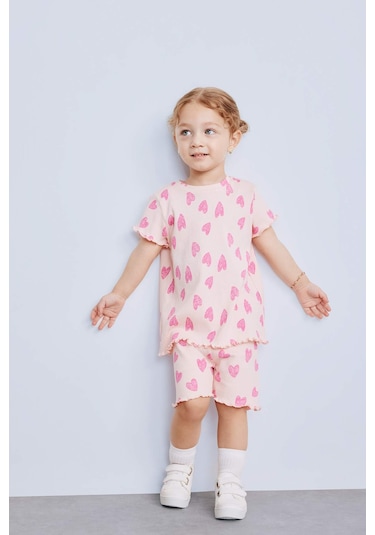 DeFacto Kız Bebek 2'li Takım Desenli Fitilli Kaşkorse Kısa Kollu Tişört Şort E0724A525SMPN127