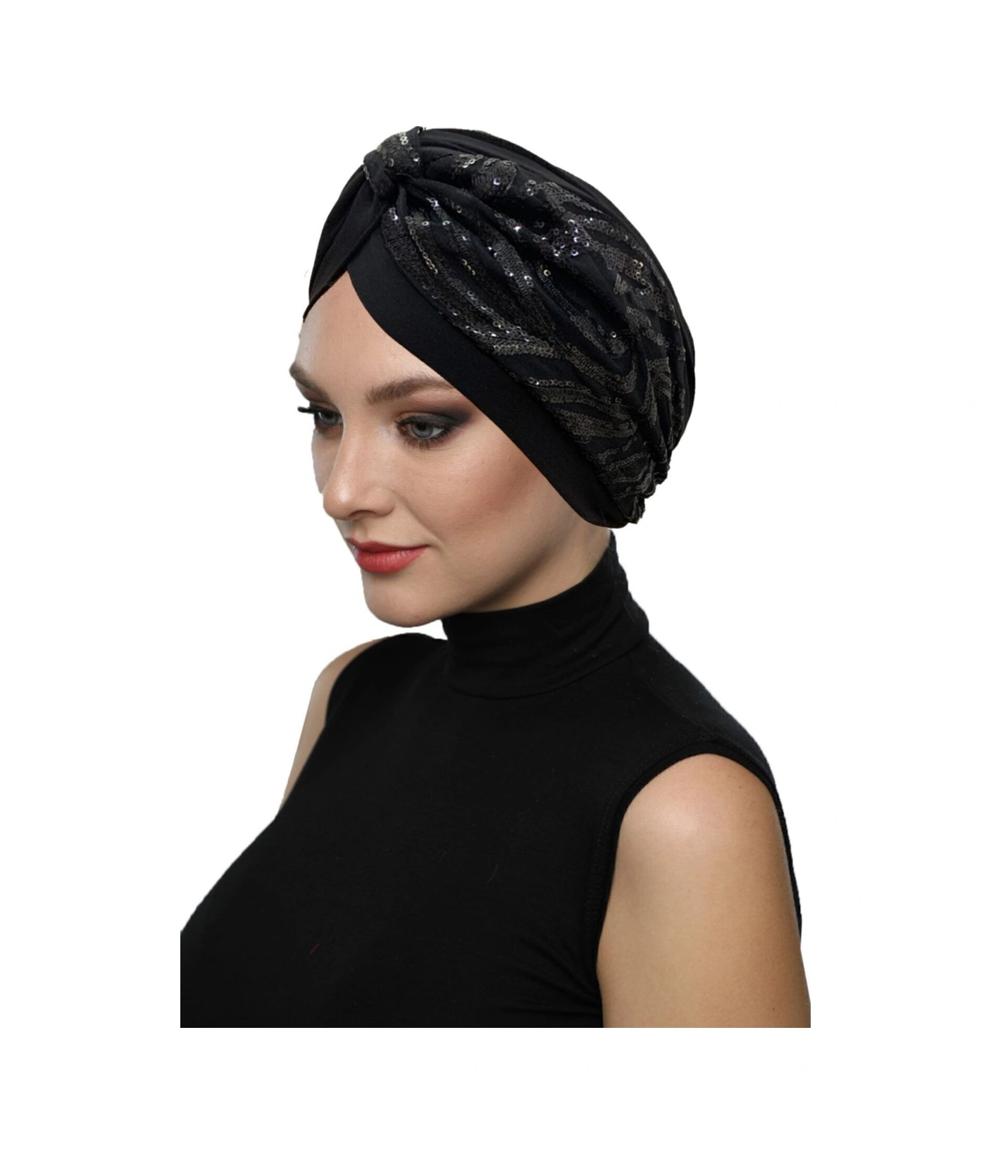 Özel Tasarım Siyah Üzeri Siyah Desenli Payetli Astarlı Hazır Türban Tesettür Abiye Bone Siyah6