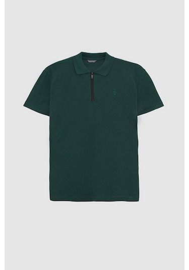 Twn Slim Fit Haki Pike Dokulu Yarım Fermuarlı Polo Yaka T-shirt 4ec14ortfrplo Haki