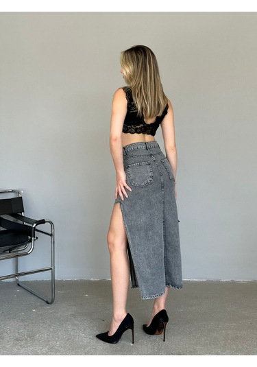 Shevega Kadın Füme Uzun Ön Parçali Asimetrik Kot Etek Füme