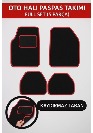 5 Parça Universal Topuk Destekli Oto Halı Paspas Takımı Kenar Renk Kırmızı