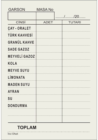 Kafe  Çay Kahve  Adisyon Sipariş Fişi  A7 Tek Nüsha  500 Cilt