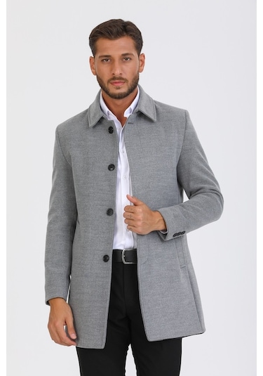 Erkek Açık Gri Dar Kesim Yün Karışımlı Kaşe Gömlek Yaka Kaban-Açık Gri