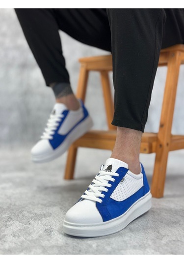 Ba0423 Boa Kalın Yüksek Taban Beyaz Mavi Bağcıklı Spor Erkek Ayakkabı Beyaz Mavi