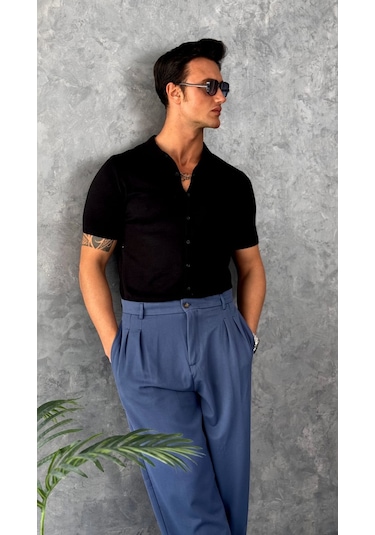 Modefendi Slim Fit Polo Yaka Triko Pamuk Kısa Kollu Gömlek Siyah