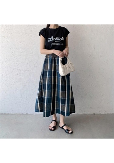 Qooth Kadınlar Rahat 8 Renk Büyük Ekose A-line Etek Tembel Elastik Bel Büyük Salıncak Uzun Etek Bahar Yaz Qt2055 Yeşil