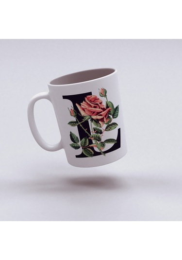 L Baş Harf Kırmızı Güller İle Sarılı Bardak 330 Ml Kişiye Özel Çiçekli Hediye Beyaz