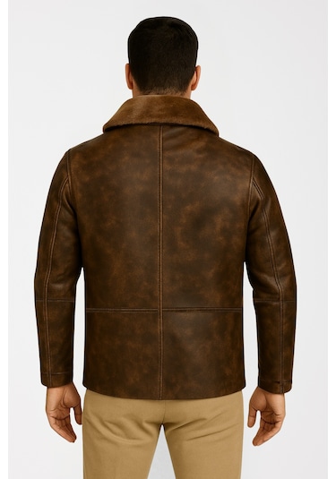 Derije Carlos Hakiki Deri Erkek Vintage Seyar Kürk Yaka Mont Kahverengi