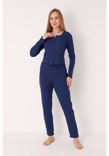 Nbb Kadın Lacivert Önden Düğmeli Pijama Takımı Lacivert