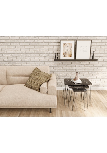 Zigon Sehpa 3'lü Dikdörtgen Siyah Tel Ayaklı Siyah Mermer