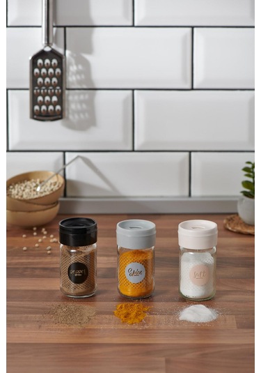 Renga Dorian Yazı Desenli 105 Ml 3'lü Cam Tuzluk Biberlik Seti 122007 Siyah-bej-gri Çok Renkli