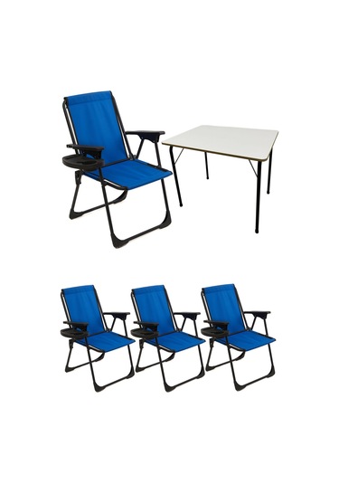 Natura 4 Adet Kamp Sandalyesi Oval Bardaklık Mavi + MDF Masa Mavi