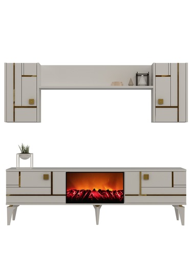 Maddera Şömineli Tv Ünitesi Takımı Beyaz-altın