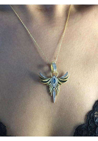 Zümrüdü Anka Kuşu Phoenix Aquamarin Taşlı Gümüş Kolye Işıklı Kutuda Sevgiliye Eşe Anneye Kolye