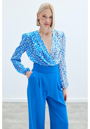 Sateen Kruvaze Desenli Bodysuit - Ekru-lacivert Ekru - Lacivert