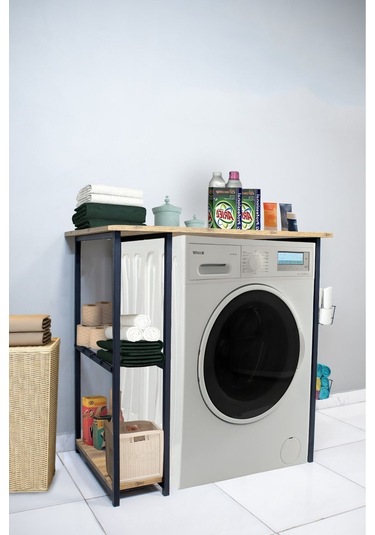 Nr Çamaşır Makinesi Üstü Yatay 2 Raflı Düzenleyici Siyah Metal Siyah