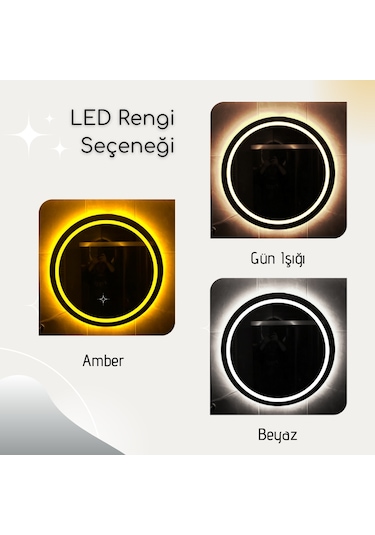 Lazer Kumlamalı Ledli Yuvarlak Ayna Beyaz