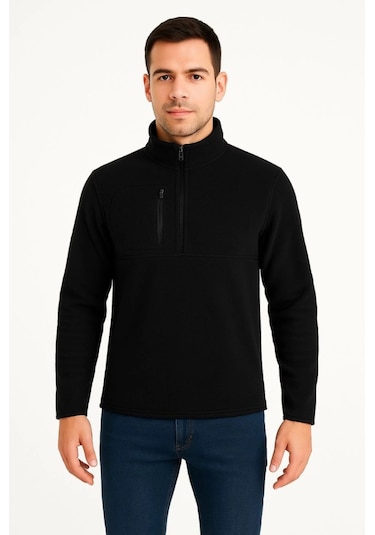 Erkek Polar Kazak Dik Yaka, Yarım Fermuarlı, Fermuarlı Göğüs Cepli, Siyah Biyeli, Kışlık Rahat Regular Fit Günlük Model - Siyah Siyah