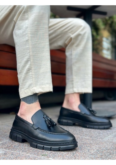 Pabucmarketi Püsküllü Erkek Casual Ayakkabı Siyah Siyah Taban Çok Renkli