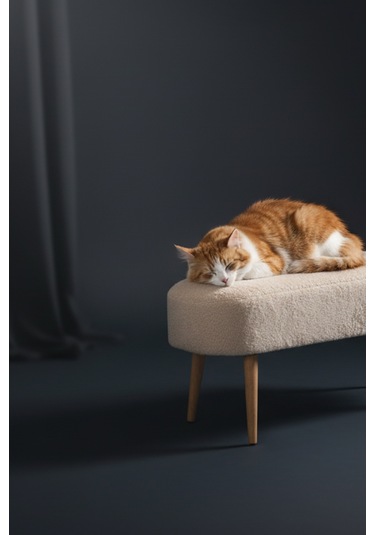 Retro Ahşap Ayaklı Geniş Oturum Alanlı Oval Puf Krem KREM