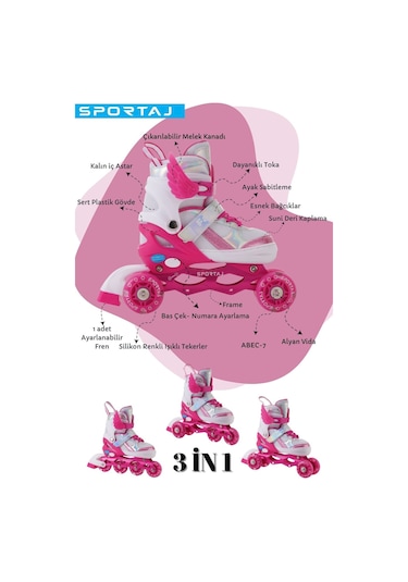 Melek Kanatlı Işıklı Çocuk Pateni Silikon Teker Ayarlanabilir Paten Taşıma Çantalı Fuşya Koyu Pembe