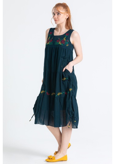 Kolsuz Vual Ahsen Nakışlı Midi Boy Elbise Petrol Ptrl-petrol