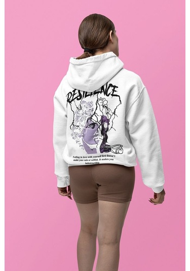 Sevbano Resilience Baskılı Unisex Oversize Tasarım Hoodie Beyaz