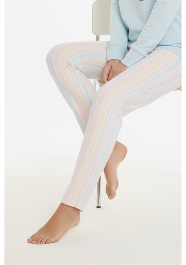 Luxury Thermal Gökkuşağı Kedi Desenli Kadın Polar Kışlık Pijama Takımı 42052 Çok Renkli