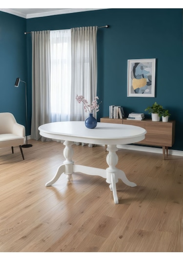 Montclair Çift Baba Ayaklı Masif Ahşap Oval Yemek Masası 90x140 Beyaz