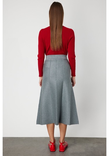 On Kadın Pileli Midi Triko Etek 65210 Gri Gri