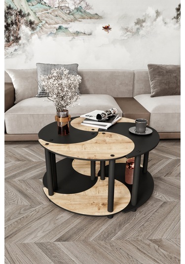 Yin Yang Unıty Serenıty Orta Sehpa 4 Lü Siyah Meşe 70 Cm Meşe
