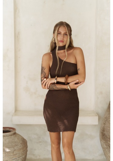 Budah Asimetrik Triko Kahve Mini Elbise Kahve