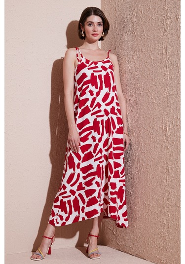 Lela Desenli Midi Boy Oversize Fit Bağlamalı Ip Askılı Bisiklet Yaka Bayan Elbise 5869009 Bordo